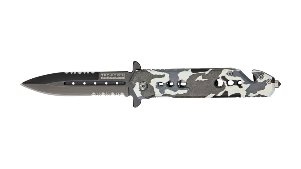 Tac Force Rescue Lock Fold Lock 4.75in., black HC SS A/O PS Dagger, Snow camo handles. TF716DW
