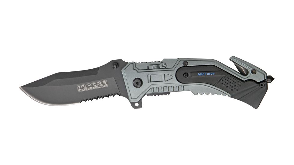 Tac Force Rescue Lock Fold Lock 4.75in., SS A/O black PS modified drop point blad, OPS grey anodized Alum. handles w/ black textured  TF688AF