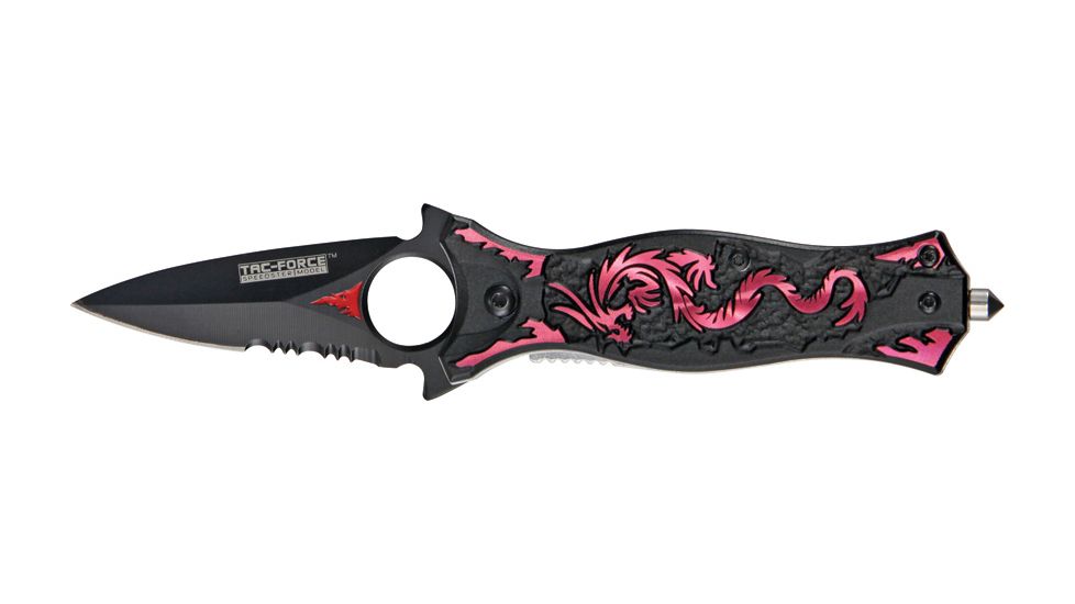 Tac Force Small Speed Fold Knife, black HC SS A/O Dagger, pink anodized laser CO of dragon handle TF707RDS