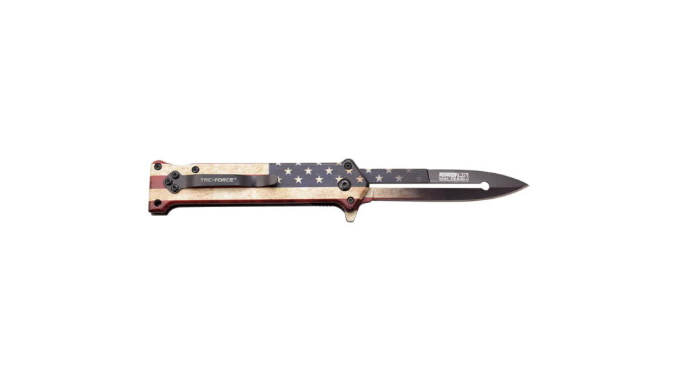 TAC Force Spear Point Spring Assisted Knife w/Pocket Clip, 3 in, 3Cr13 Stainless Steel Stainless Steel, Satin Flag, TF-457F