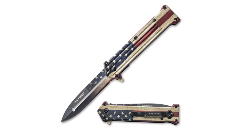 TAC Force Spear Point Spring Assisted Knife w/Pocket Clip, 3 in, 3Cr13 Stainless Steel Stainless Steel, Satin Flag, TF-457F