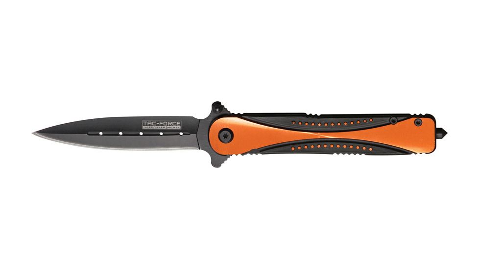 Tac Force Speed Assist Fold 4 5/8 Knife, black SS A/O blade, Black Alum. handles w/ orange onlay trim TF594OR