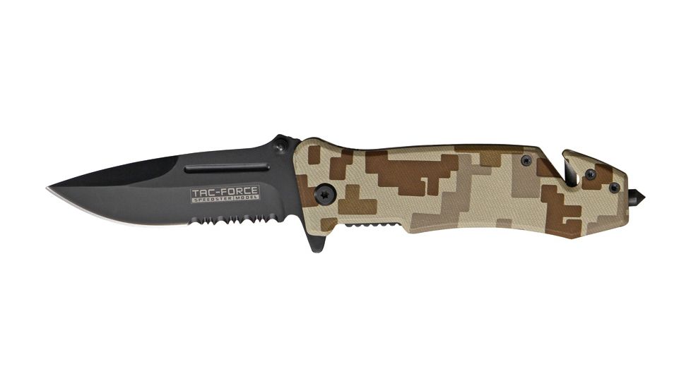 Tac Force Speed Assist Fold Knife 4.50in, black SS A/O PS blade, Desert tan Digi camo Alum. handle TF644DM