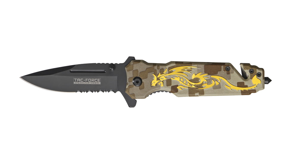 Tac Force Speed Assist Fold Knife 4.50in, black SS A/O PS blade, Desert tan Digi camo Alum. handle TF645GD