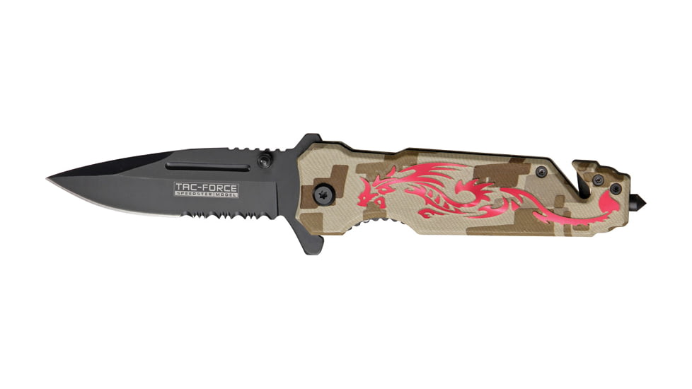 Tac Force Speed Assist Fold Knife 4.50in, black SS A/O PS blade, Desert tan Digi camo Alum. handle TF645RD