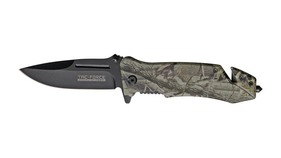 Tac Force Speed Assist Fold Knife 4.50in, black SS A/O PS blade, Green and black camo Alum. handle TF644BC