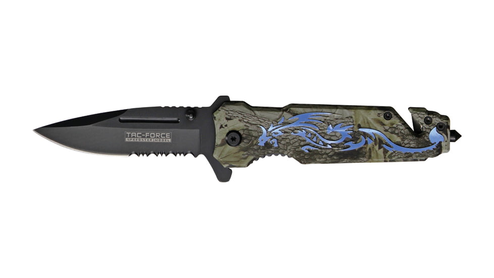 Tac Force Speed Assist Fold Knife 4.50in, black SS A/O PS blade, Green and black camo Alum. handle TF645BL