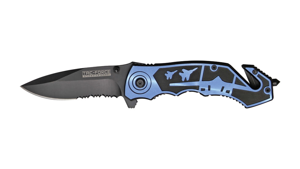 Tac Force Speed Assist Fold Knife 4.50in, partially serrrated black A/O SS blade, handle has blue Alum. trim w/ airplane CO TF671BL