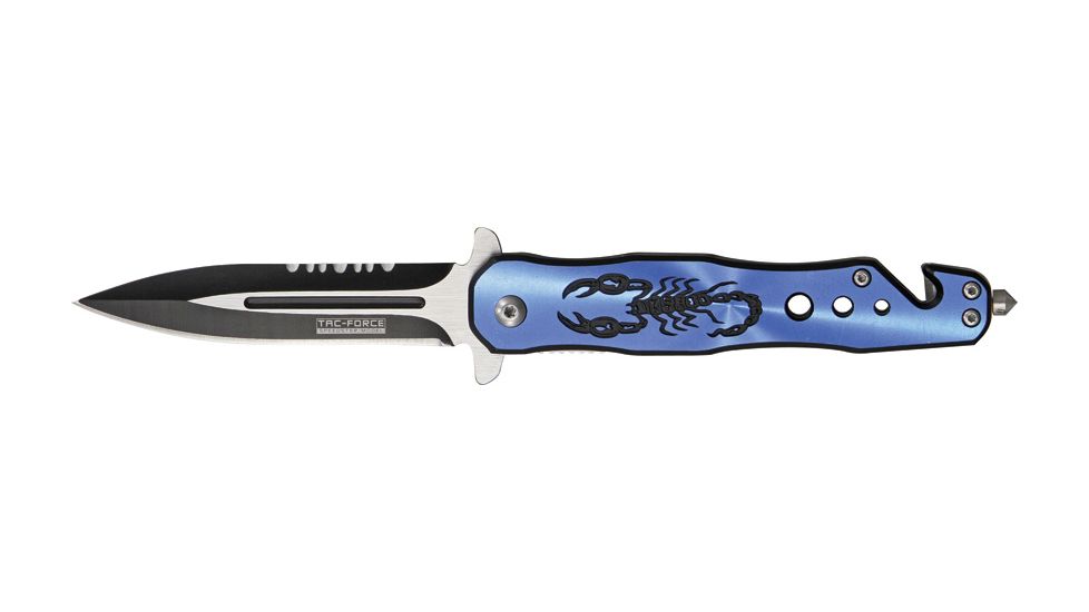 Tac Force Speed Assist Fold Knife 4.50in, SS A/O blade w/ dual Ext. tang, Black Alum. handles w/ blue Alum. overlay w/ scorpion TF664BL