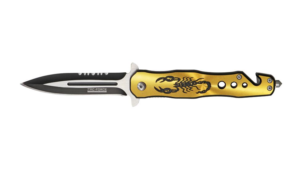 Tac Force Speed Assist Fold Knife 4.50in, SS A/O blade w/ dual Ext. tang, Black Alum. handles w/ gold Alum. overlay w/ scorpion TF664Y