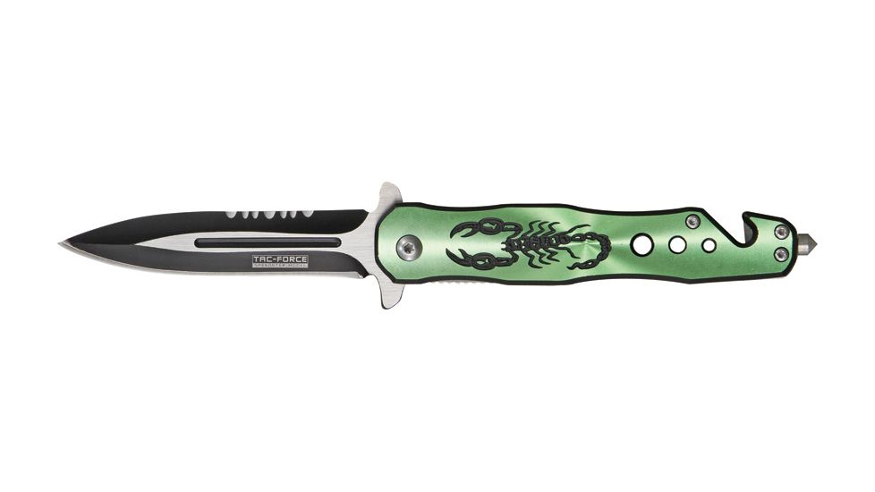 Tac Force Speed Assist Fold Knife 4.50in, SS A/O blade w/ dual Ext. tang, Black Alum. handles w/ green Alum. overlay w/ scorpion TF664GN