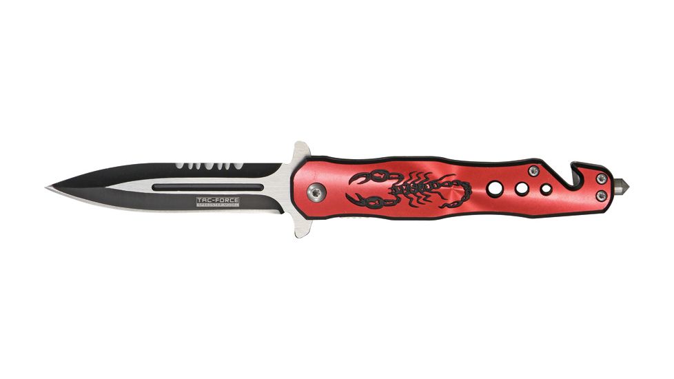 Tac Force Speed Assist Fold Knife 4.50in, SS A/O blade w/ dual Ext. tang, Black Alum. handles w/ red Alum. overlay w/ scorpion TF664RD