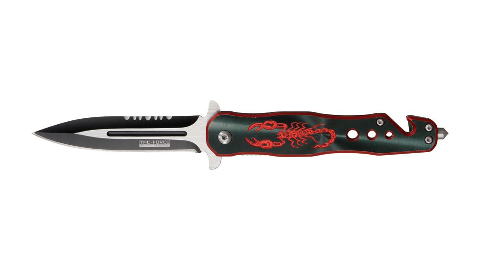 Tac Force Speed Assist Fold Knife 4.50in, SS A/O blade w/ dual Ext. tang, Red Alum. handles w/ black Alum. overlay w/ scorpion TF664BR