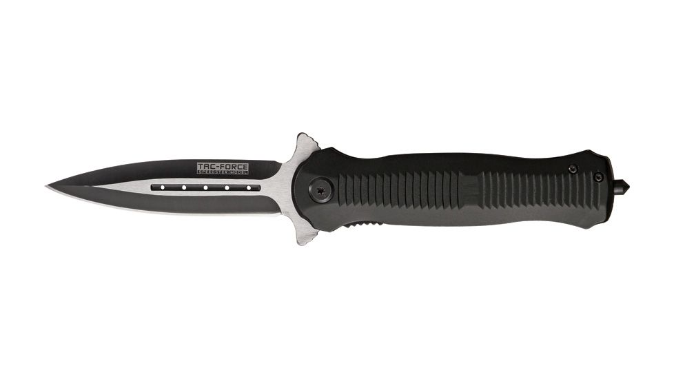 Tac Force Speed Assist Fold Knife 4.75in, SS and black A/O blade, Grooved black Alum. handle TF677BK