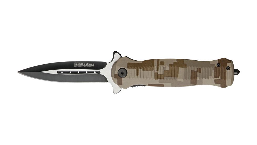 Tac Force Speed Assist Fold Knife 4.75in, SS and black A/O blade, Grooved tan Digi camo Alum. handl TF677DM