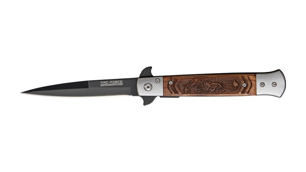 Tac Force Speed Assist Fold Knife 5in, black SS A/O blade, Brown wood handles w/ decorative carved dragon TF610DRS