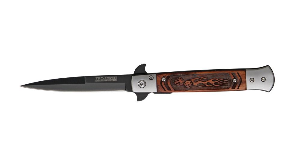 Tac Force Speed Assist Fold Knife 5in, black SS A/O blade, Brown wood handles w/ decorative carved flam TF610FLS