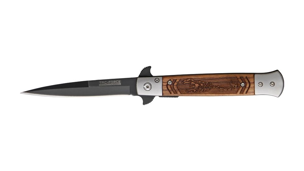 Tac Force Speed Assist Fold Knife 5in, black SS A/O blade, Brown wood handles w/ decorative carved scorpion TF610SCS