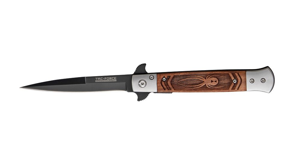 Tac Force Speed Assist Fold Knife 5in, black SS A/O blade, Brown wood handles w/ decorative carved spide TF610SPS