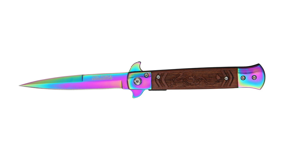 Tac Force Speed Assist Fold Knife 5in, rainbow SS A/O blade, Brown wood handles w/ decorative carved dragon TF609DRR