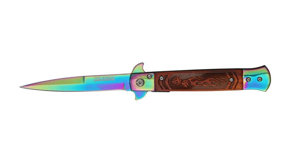 Tac Force Speed Assist Fold Knife 5in, rainbow SS A/O blade, Brown wood handles w/ decorative carved flame TF609FLR