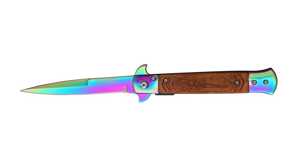 Tac Force Speed Assist Fold Knife 5in, rainbow SS A/O blade, Brown wood handles w/ decorative carved scorpion TF609SCR