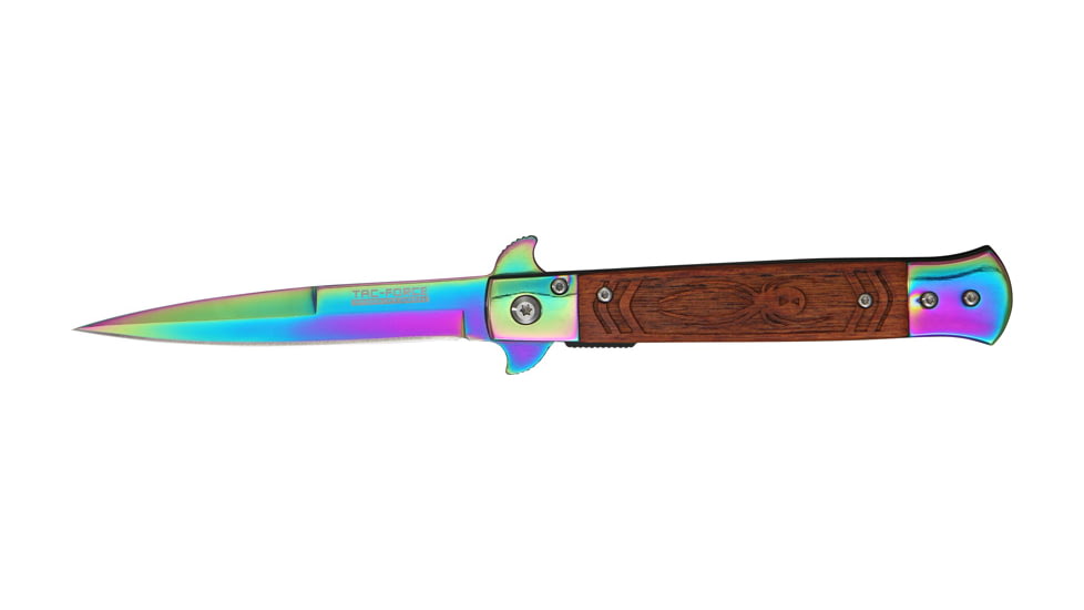 Tac Force Speed Assist Fold Knife 5in, rainbow SS A/O blade, Brown wood handles w/ decorative carved spider TF609SPR