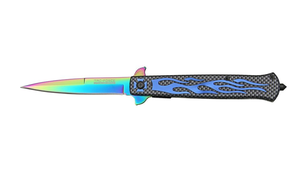 Tac Force Speed Assist Fold Knife 5in, rainbow SS A/O blade, handle has blue flame Alum. trim TF647BL