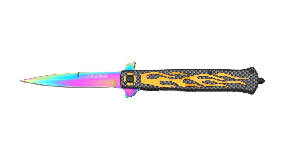 Tac Force Speed Assist Fold Knife 5in, rainbow SS A/O blade, handle has orange flame Alum. trim TF647OR