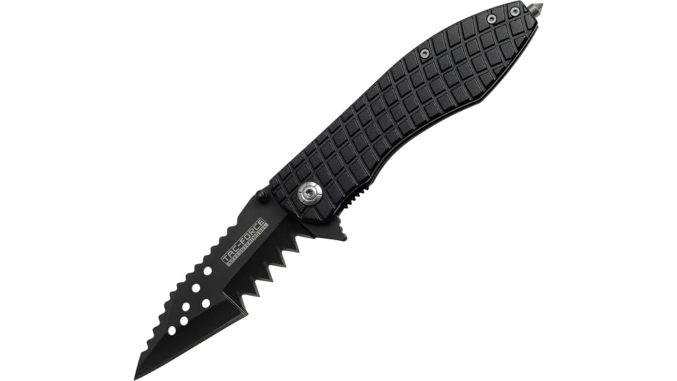 Tac Force Speed Assist Shark Fold Knife, 440 SS A/O blade w/ large tooth serrations, Black blade and handle TF729BK