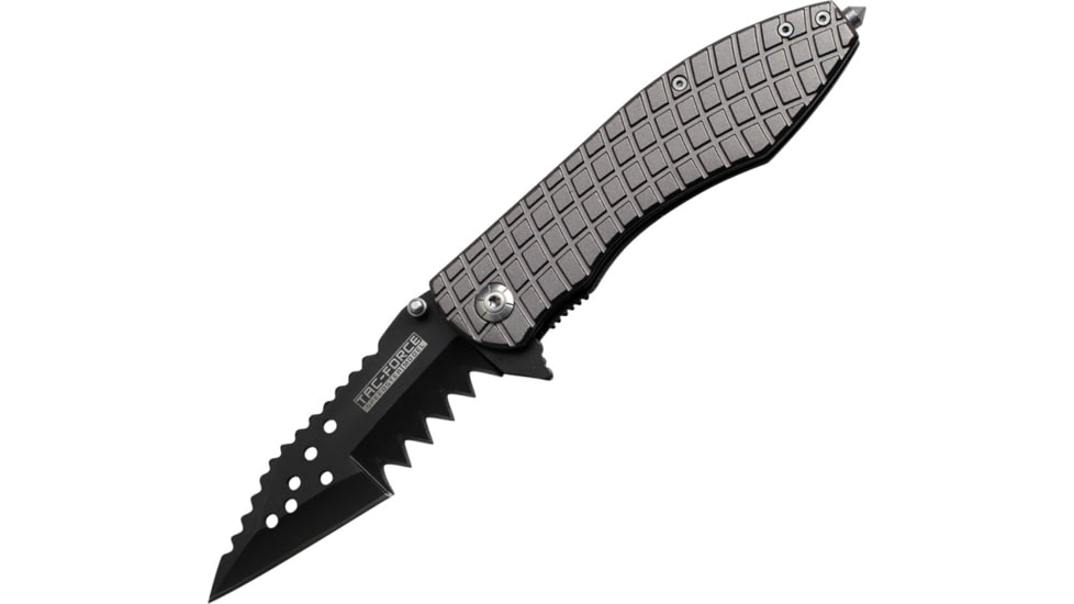 Tac Force Speed Assist Shark Fold Knife, 440 SS A/O blade w/ large tooth serrations, Black blade. Gray handle TF729GY