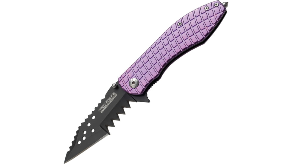 Tac Force Speed Assist Shark Fold Knife, 440 SS A/O blade w/ large tooth serrations, Black blade. Purple handle TF729PU