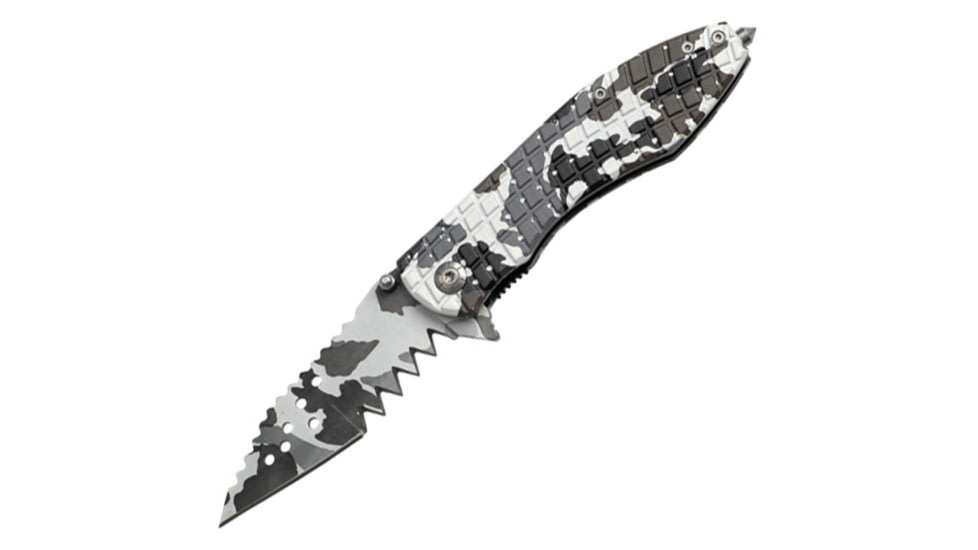 Tac Force Speed Assist Shark Fold Knife, 440 SS A/O blade w/ large tooth serrations, Black, white and gray snow Digi camo blade and handle TF729DW