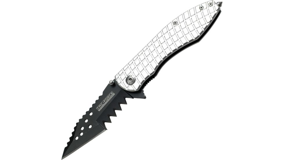Tac Force Speed Assist Shark Fold Knife, 440 SS A/O blade w/ large tooth serrations, Checkered silver shark skin Alum. handle TF729SL