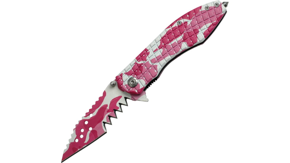Tac Force Speed Assist Shark Fold Knife, 440 SS A/O blade w/ large tooth serrations, Digi pink and white camo blade and handle TF729DP