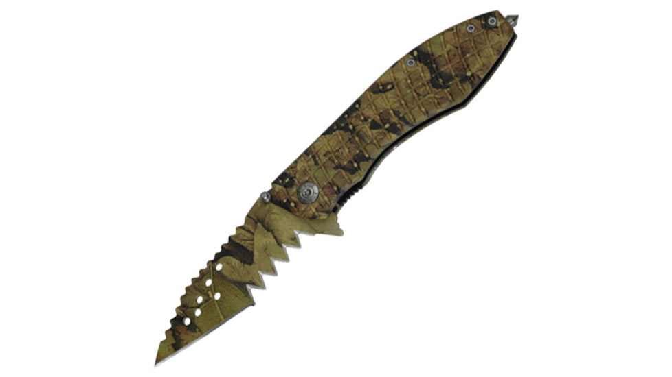Tac Force Speed Assist Shark Fold Knife, 440 SS A/O blade w/ large tooth serrations, Jungle Green, brown and black camo blade and handle TF729JC