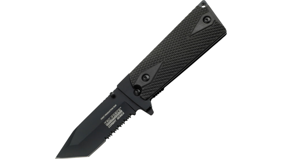 Tac Force Speed Combat Fold Knife, A/O black 440 SS clip blade, Black Alum. frame w/ checkered black Comp. onlay h TF754TGY