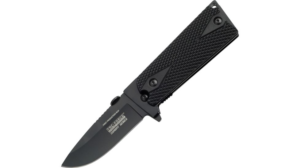 Tac Force Speed Combat Fold Knife, A/O black 440 SS clip blade, Checkered black Comp. onlay handle TF754BK