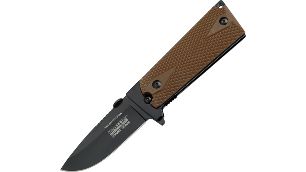 Tac Force Speed Combat Fold Knife, A/O black 440 SS clip blade, Checkered brown Comp. onlay handle TF754TN