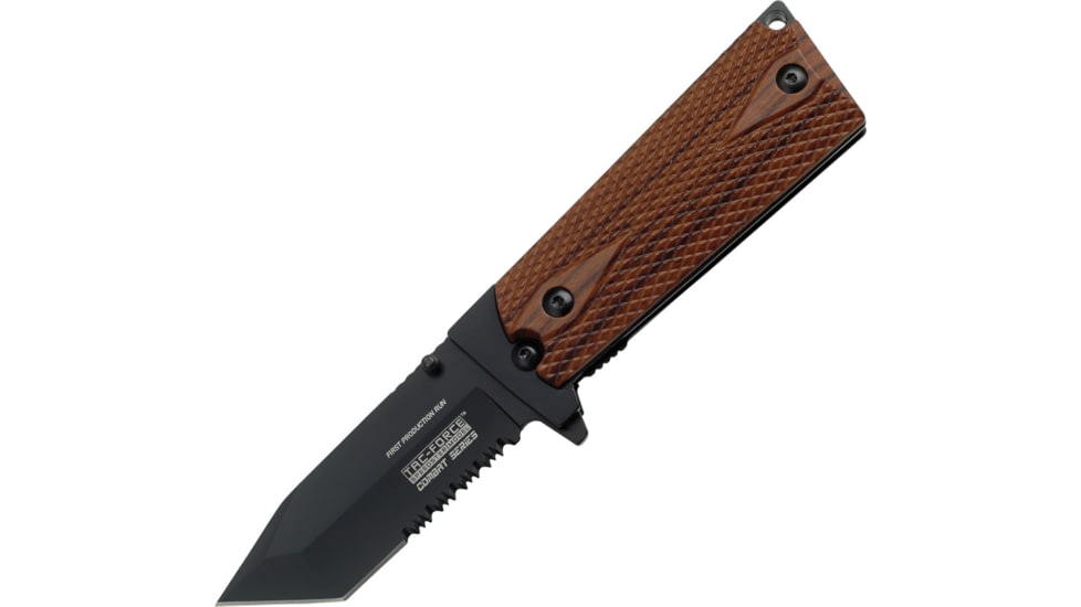 Tac Force Speed Combat Fold Knife, PS, A/O, black 440 SS tanto blade, Black Alum. frame w/ checkered brown faux wood Com TF754TWD