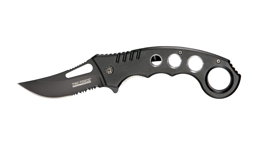 Tac Force Speed Karambit Fold Knife, black 440 SS A/O PS blade, Black Alum. handles w/ machined hole CO TF758BK