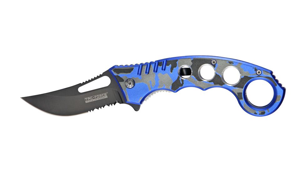 Tac Force Speed Karambit Fold Knife, black 440 SS A/O PS blade, Blue, black and gray camo Alum. handle TF758BLC