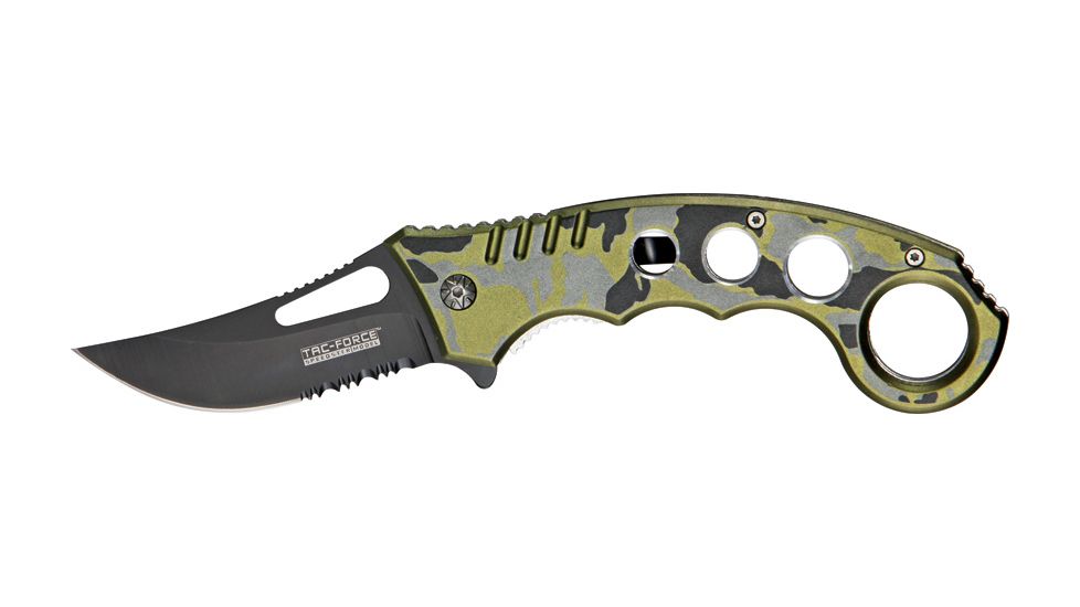 Tac Force Speed Karambit Fold Knife, black 440 SS A/O PS blade, Gray, green and black camo Alum. handle TF758GC