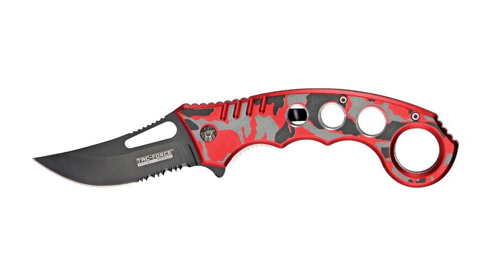 Tac Force Speed Karambit Fold Knife, black 440 SS A/O PS blade, Red, black and gray camo Alum. handle TF758RC