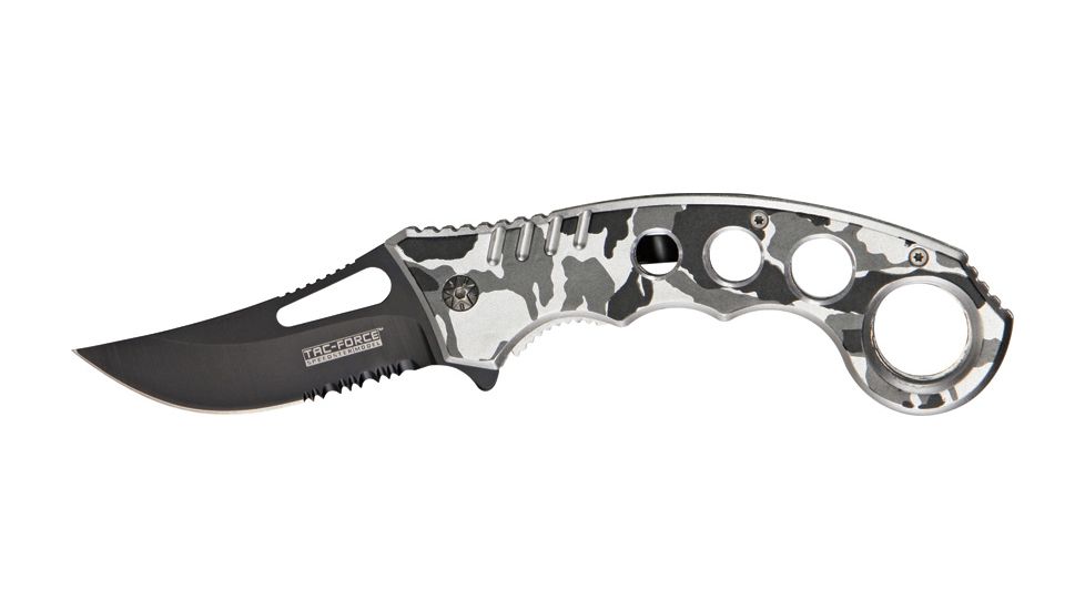 Tac Force Speed Karambit Fold Knife, black 440 SS A/O PS blade, Snow camo black, gray and white Alum. handle TF758DW