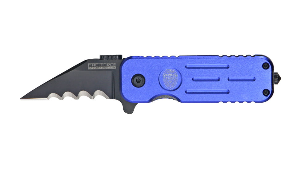 Tac Force Speed Lock Fold Knife 3.5in, black 440 SS A/O hook blade, Blue Alum. handles w/ Police shield TF748PDS