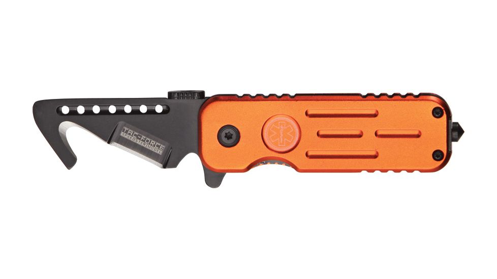 Tac Force Speed Lock Fold Knife 3.5in, black 440 SS A/O hook blade, Orange Alum. handles w/ EMT shield TF748EMH