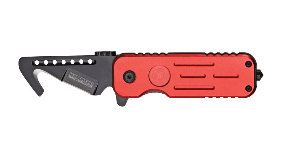 Tac Force Speed Lock Fold Knife 3.5in, black 440 SS A/O hook blade, Red Alum. handles w/ Fire Department shield TF748FDH