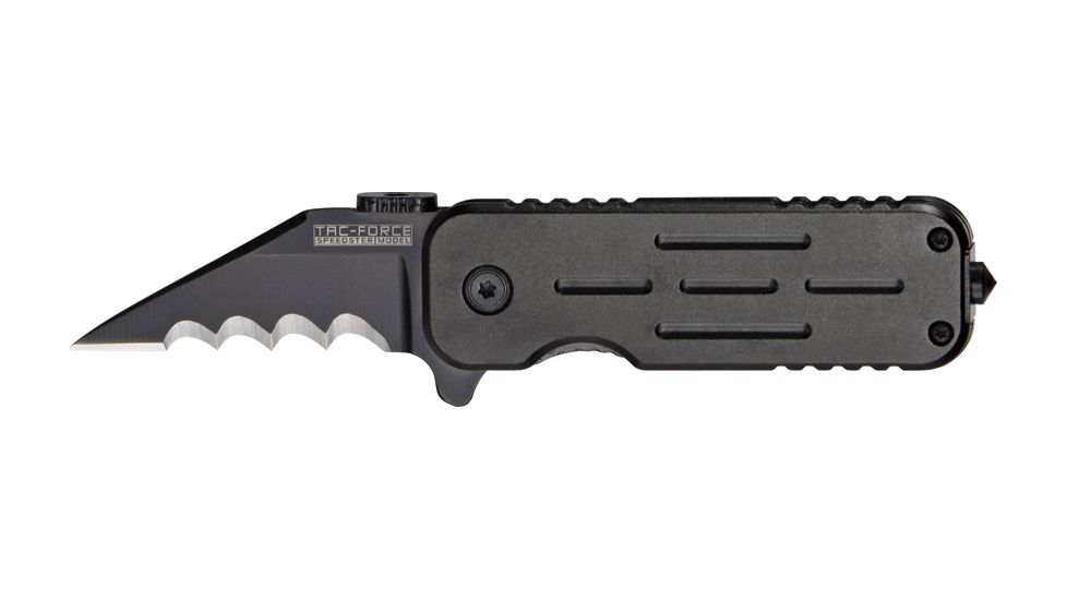 Tac Force Speed Lock Fold Knife 3.5in, black 440 SS A/O scalloped edge blade, Black Alum. handle TF748BKS
