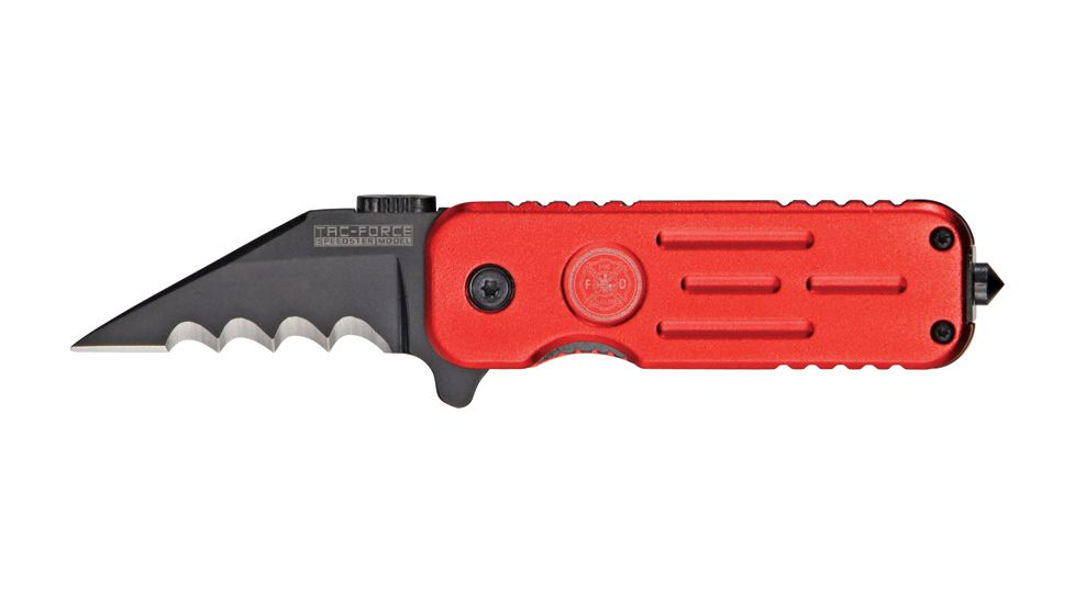 Tac Force Speed Lock Fold Knife 3.5in, black 440 SS A/O scallped edge blade, Red Alum. handles w/ Fire Department shield TF748FDS